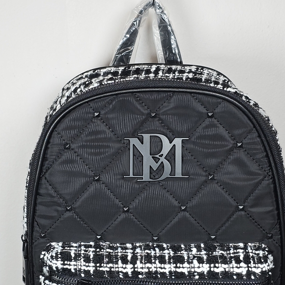 Badgley Mischka Diamond Quilted Nylon Studded Zip Backpack Vegan Leather Tweed - Picture 3 of 16